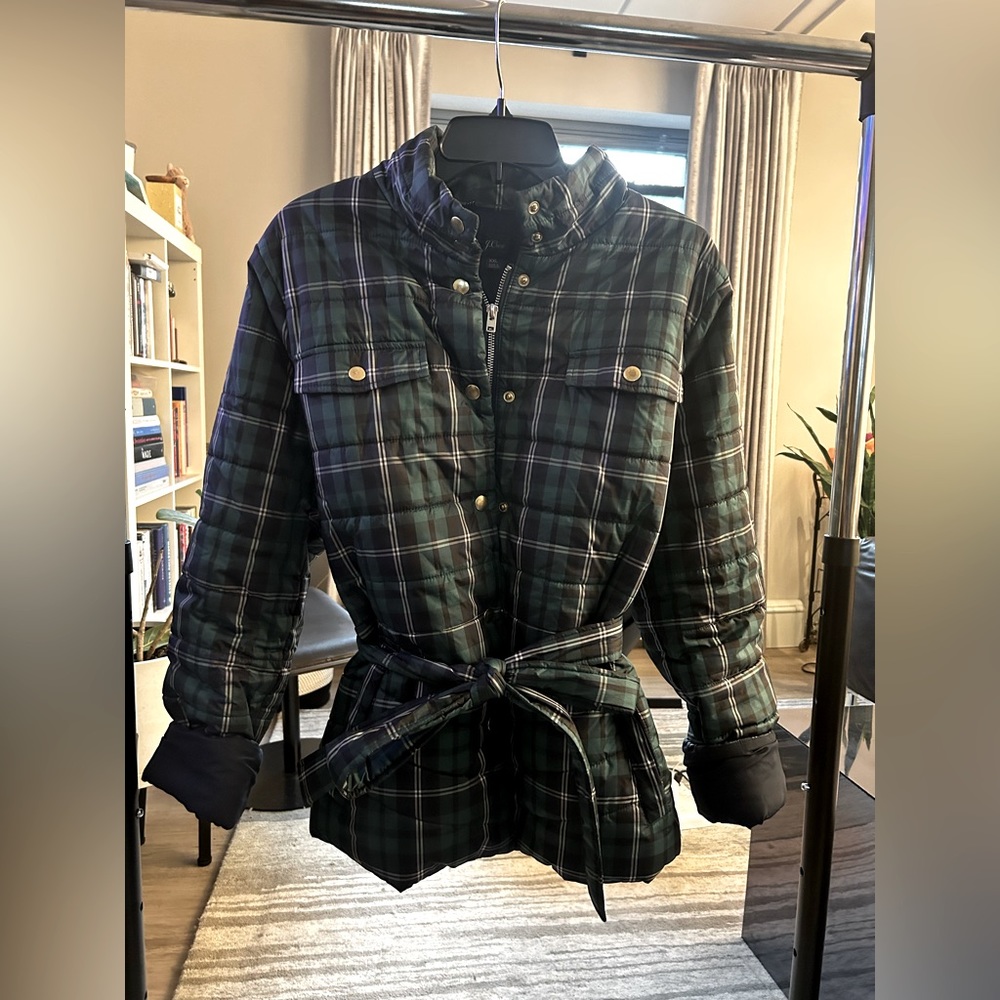 J. Crew Navy/Emerald Plaid Quilted Puffer Jacket with Belt